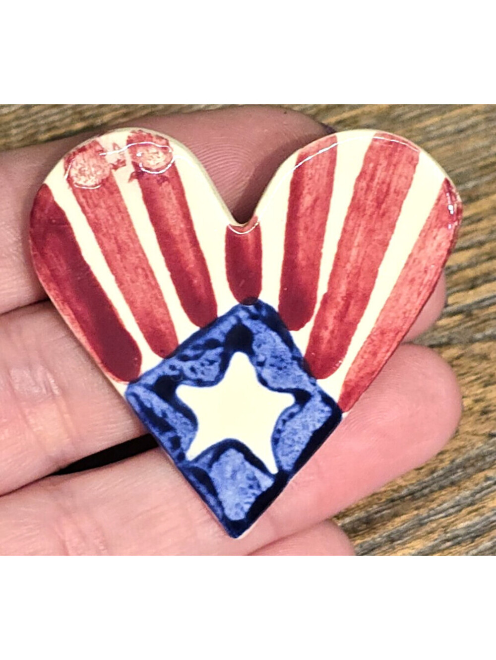 Art Pottery Ceramic Brooch Heart w US Flag Glaze